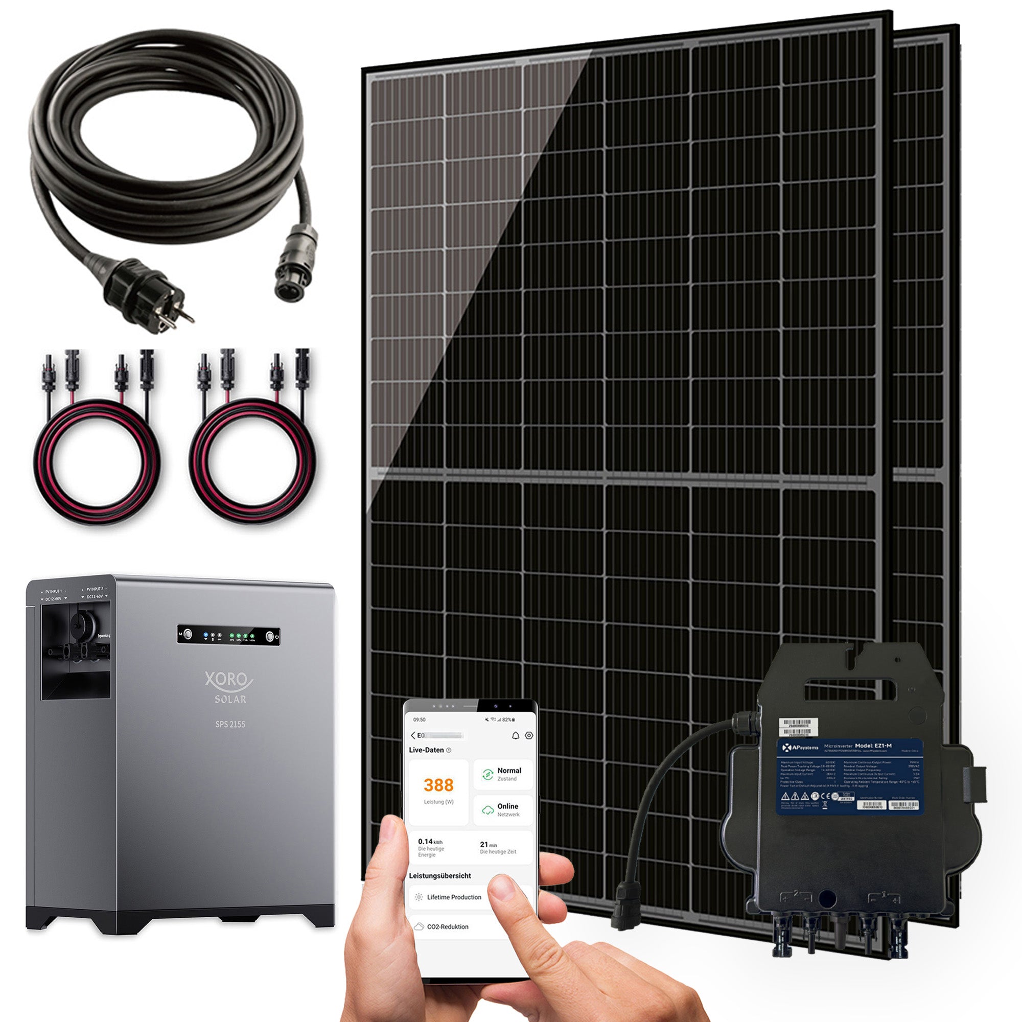 Balkonkraftwerk 860W Bifazial und XORO SOLAR SPS 2155, APsystems 800W Wechselrichter
