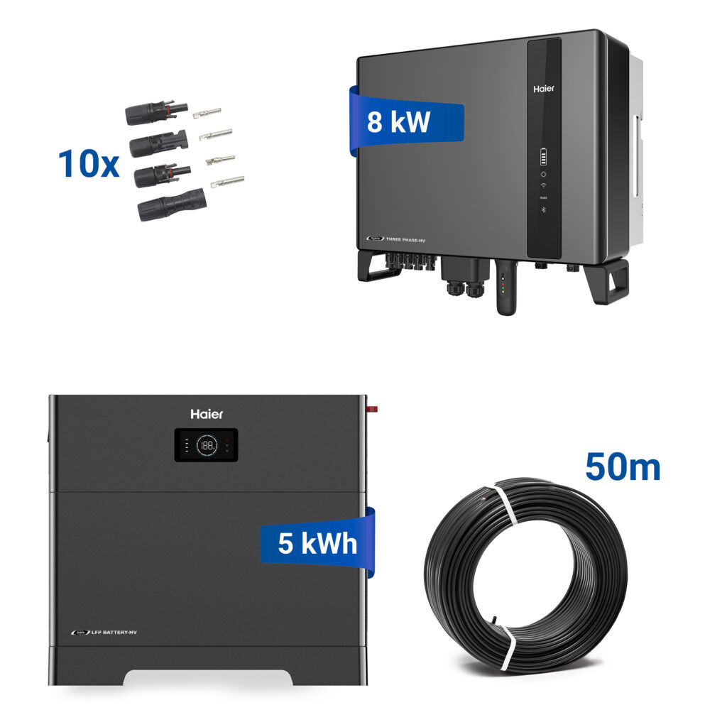 Haier Photovoltaik-System mit 5 kWh Batterie, 8 kW Wechselrichter, 10 MC4-Steckverbindern und 50 m Solarkabel.