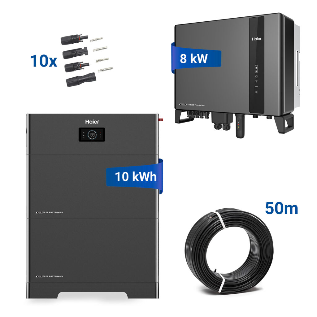 Haier Photovoltaik-System mit 10 kWh Batterie, 8 kW Wechselrichter, 10 MC4-Steckverbindern und 50 m Solarkabel.