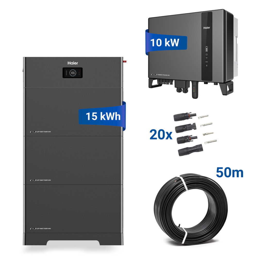 Haier Photovoltaik-System mit 15 kWh Batterie, 10 kW Wechselrichter, 20 MC4-Steckverbindern und 50 m Solarkabel.