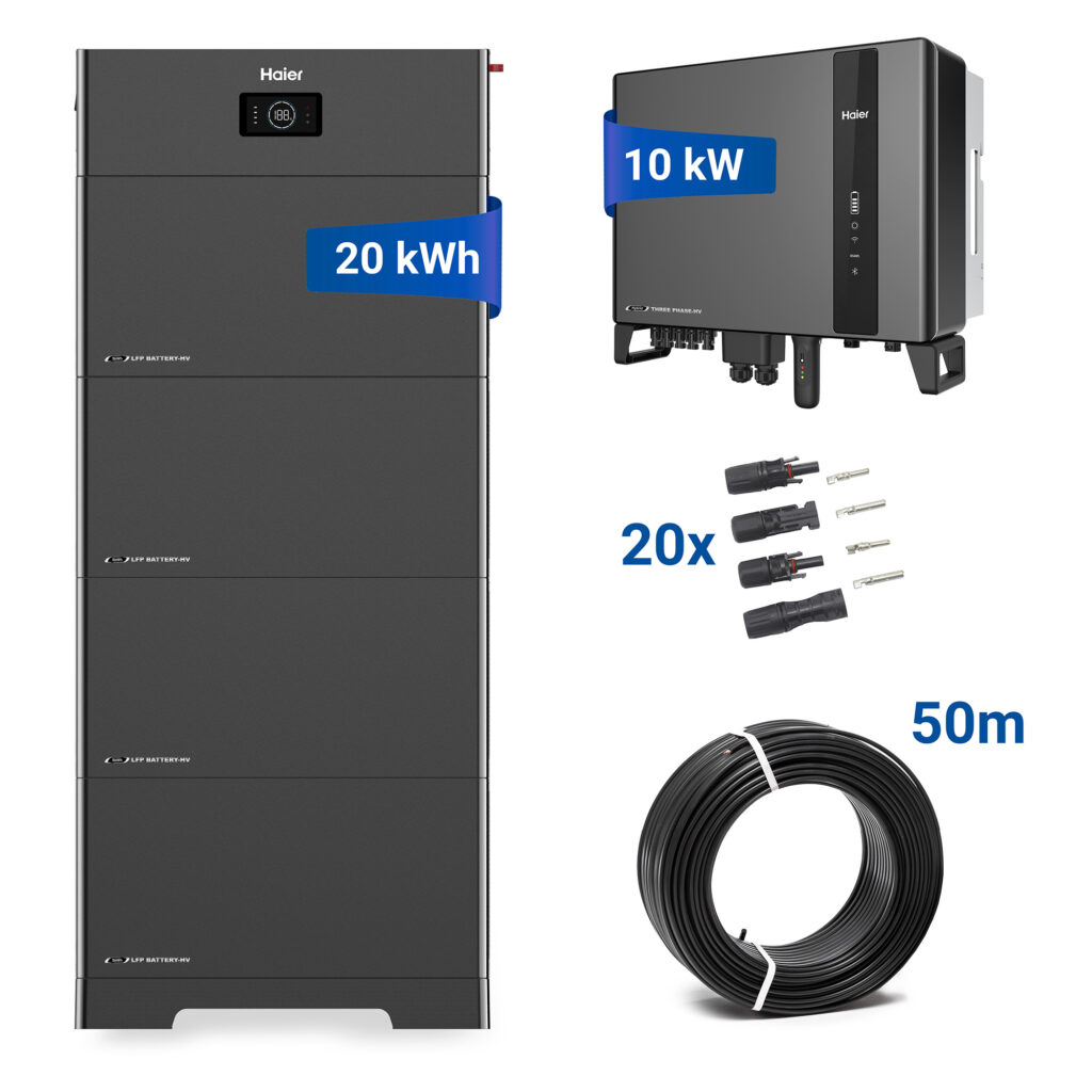 Haier Photovoltaik-System mit 20 kWh Batterie, 10 kW Wechselrichter, 20 MC4-Steckverbindern und 50 m Solarkabel.