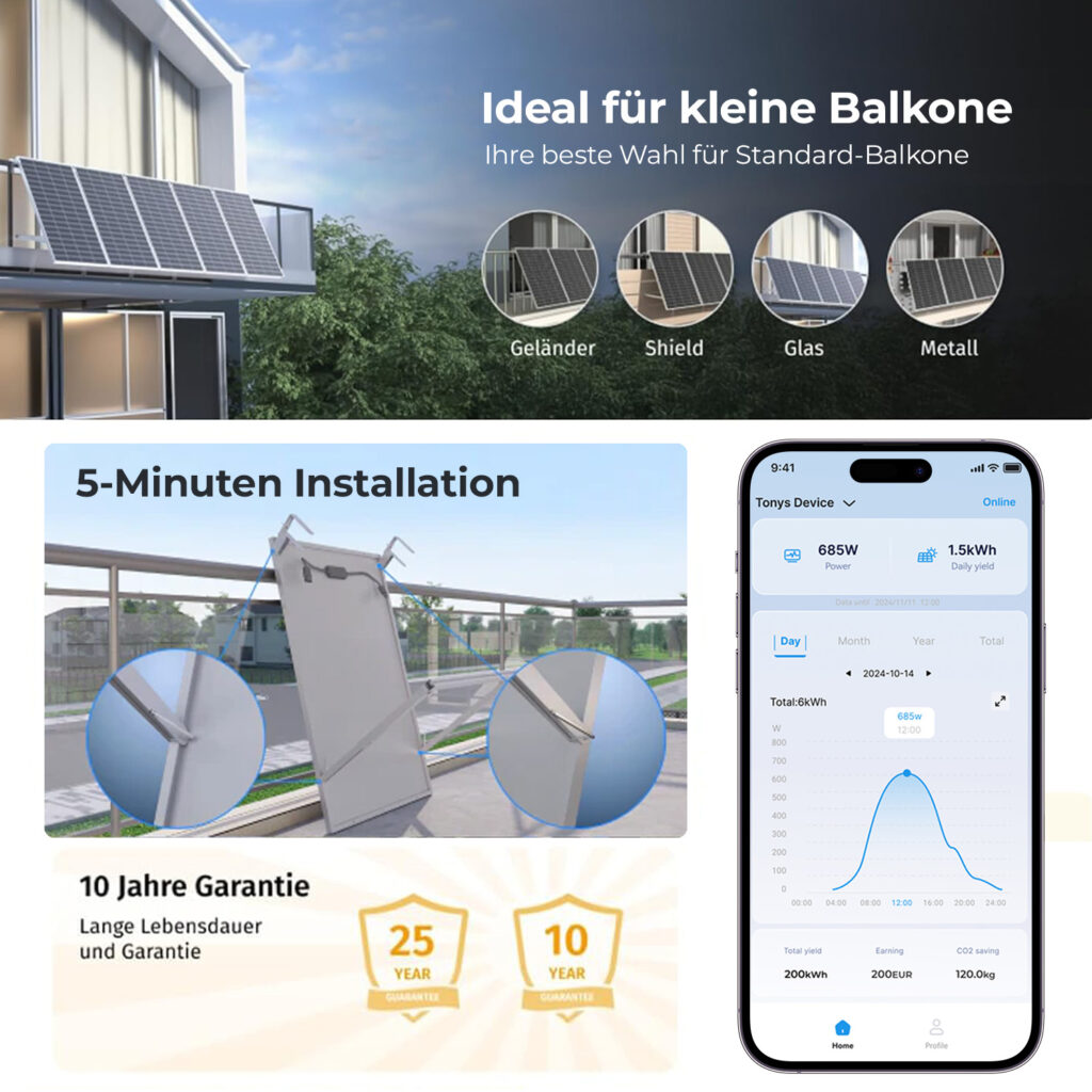 SUNSHARE Ray Lite Balkonkraftwerk – ideale Mini-Solaranlage für kleine Balkone mit 5-Minuten-Installation und App-Steuerung