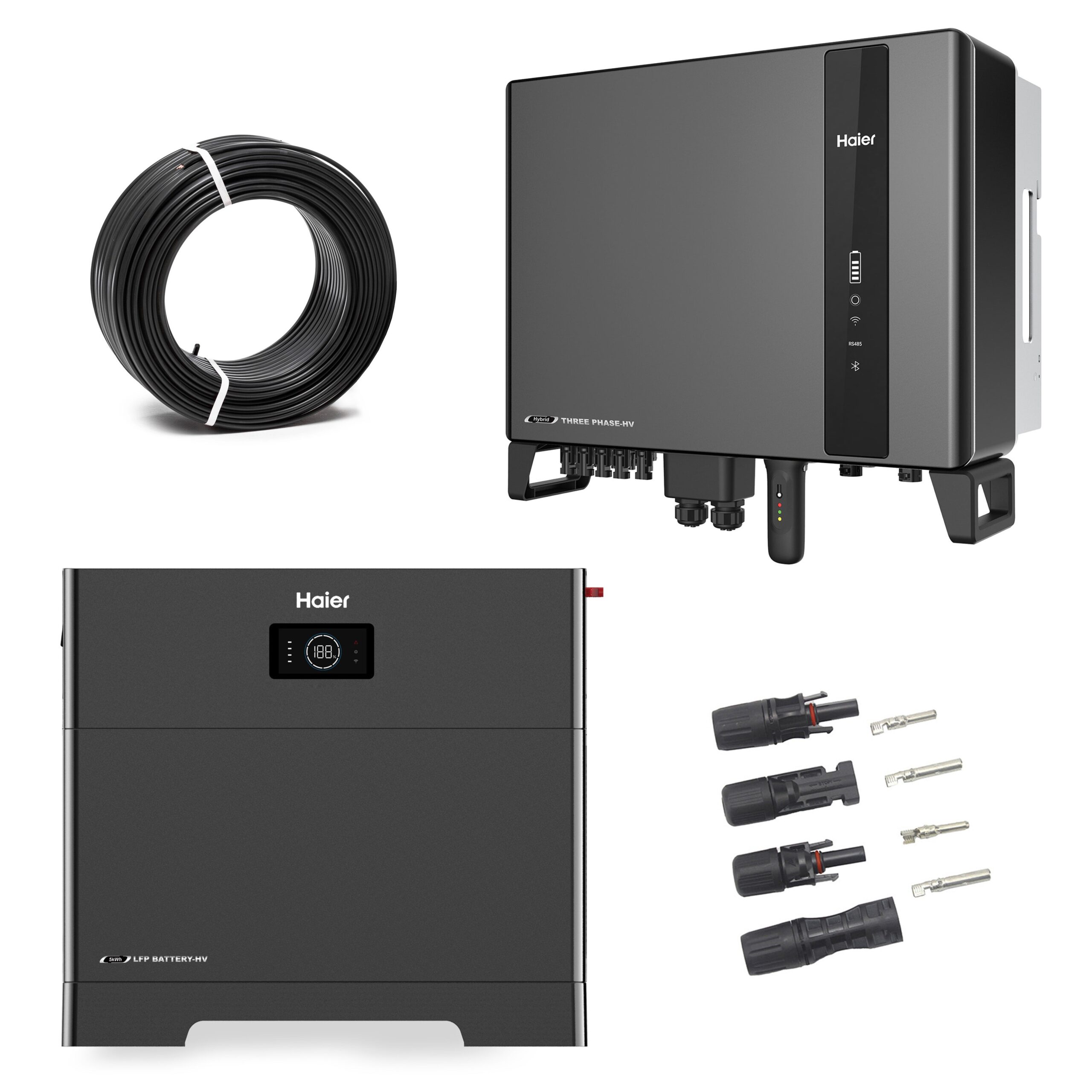 Komplettes Haier Energiespeichersystem mit Wechselrichter, Batterieeinheiten und Verbindungskabeln – Set mit 8 kW Inverter und 5 kWh Batterie.