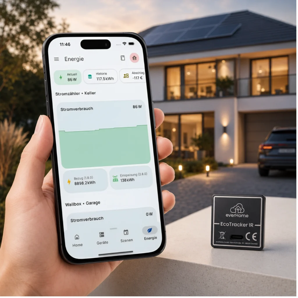 everHome App zeigt Stromverbrauch, Einspeisung und aktuelle Energiewerte des EcoTracker IR auf dem Smartphone