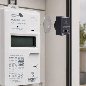 everHome EcoTracker IR wird magnetisch an der optischen Schnittstelle eines digitalen Stromzählers angebracht