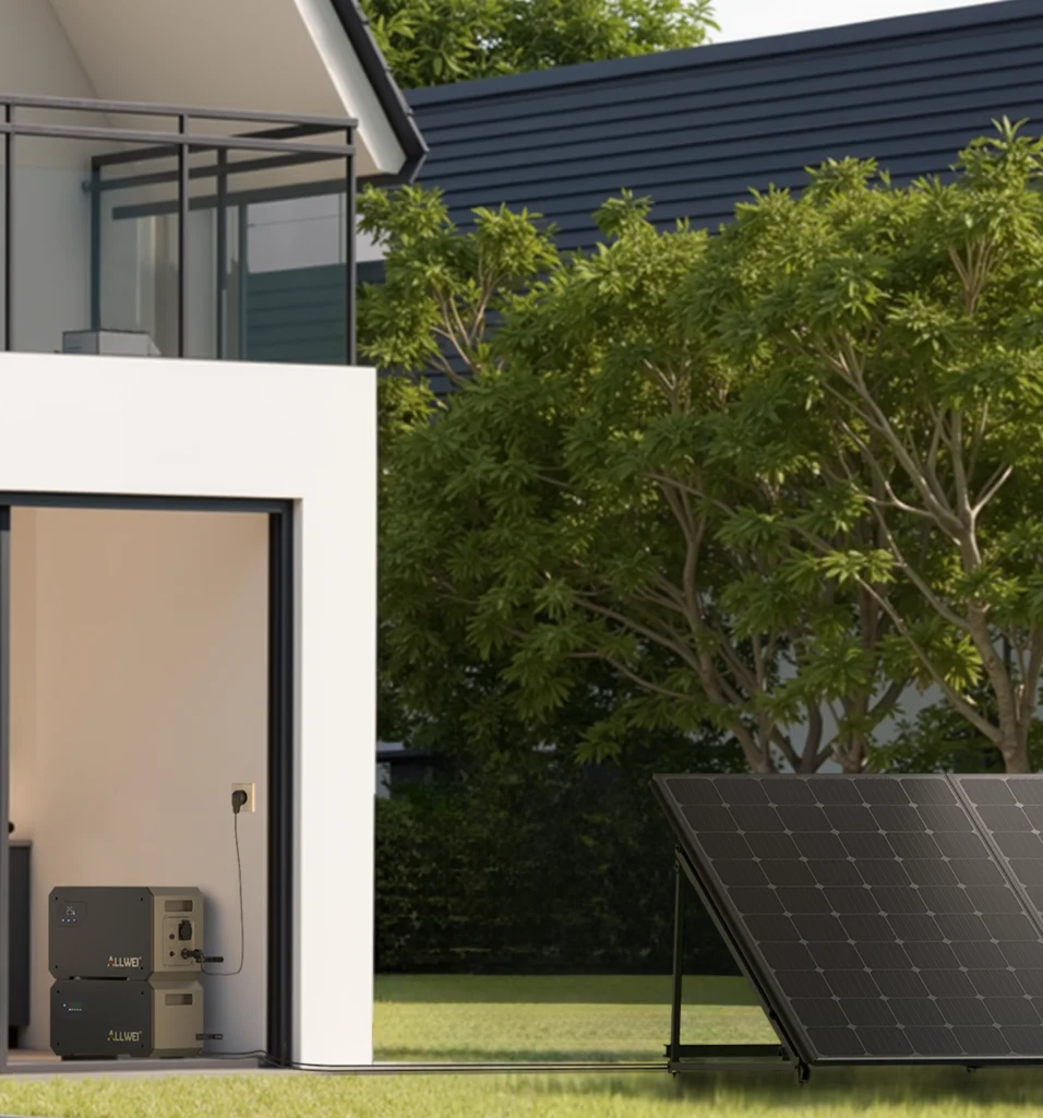 ALLWEI BM1600-2 mit Erweiterungsakku und Solarmodulen am Wohnhaus