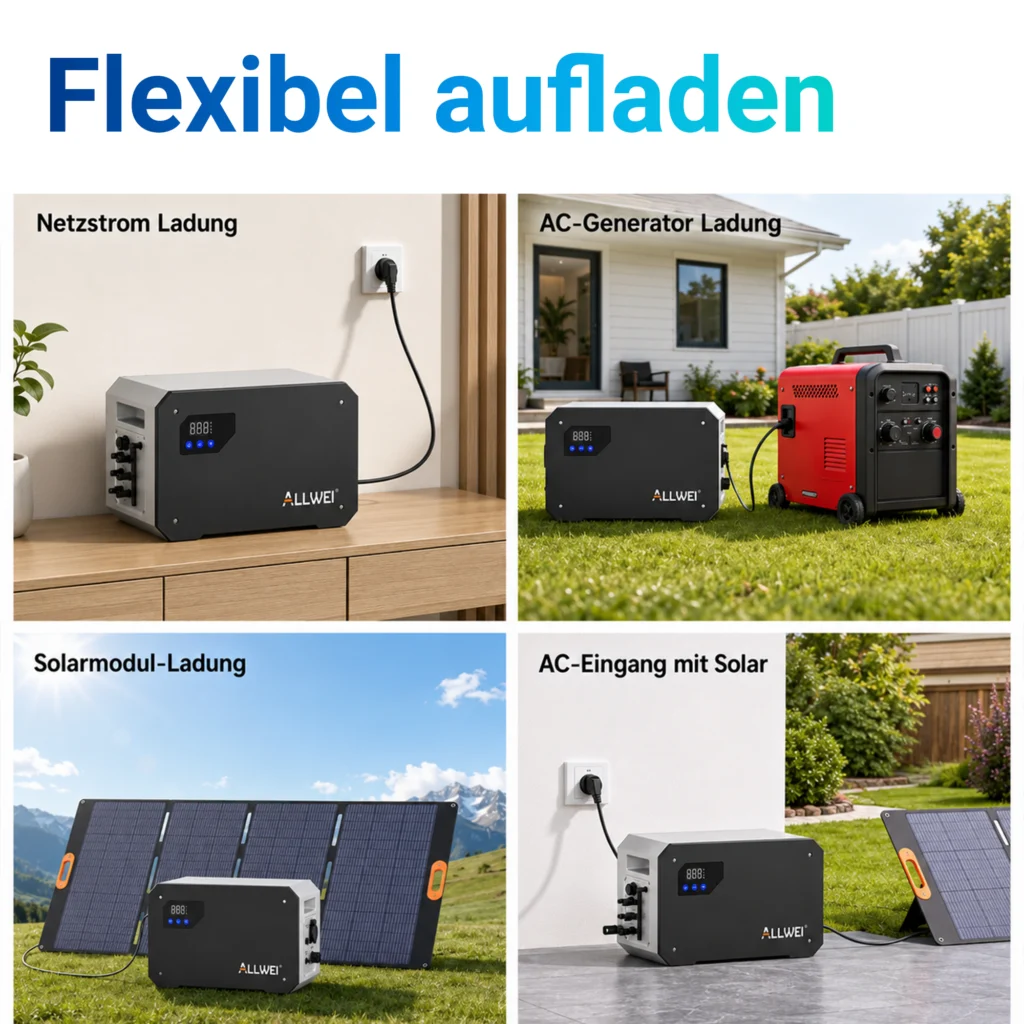 Lademöglichkeiten der ALLWEI BM1600-2 Powerstation über Netzstrom, Solarmodule und AC-Generator