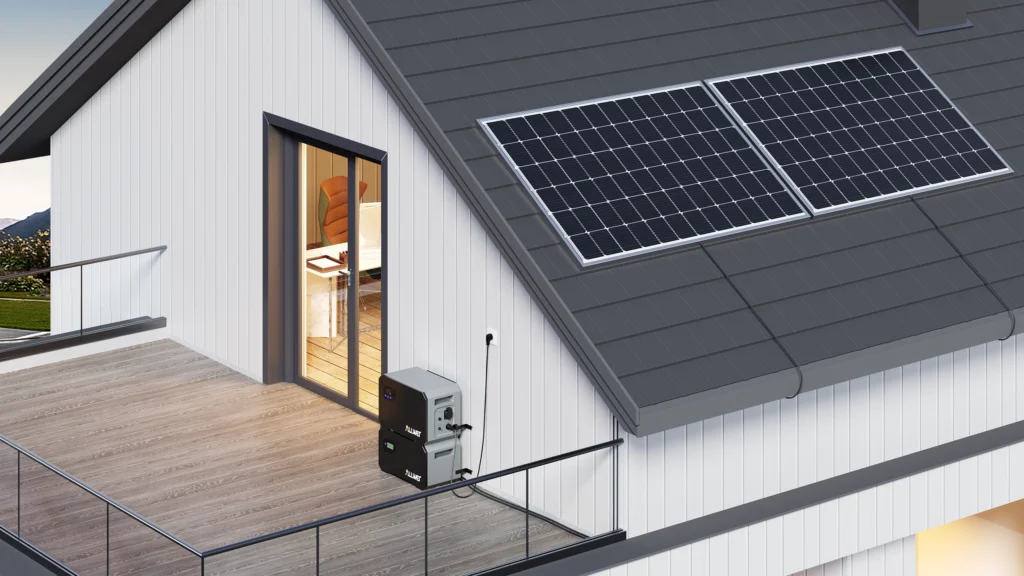 Solarmodule auf einem Hausdach mit ALLWEI BM1600-2 und B160-2 auf der Terrasse