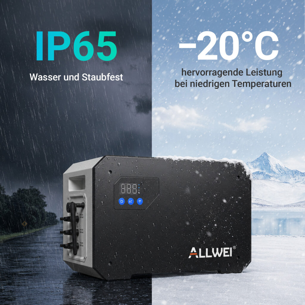ALLWEI BM1600-2 Powerstation bei Regen und Schnee mit IP65-Schutz und Betrieb bis minus 20 Grad Celsius