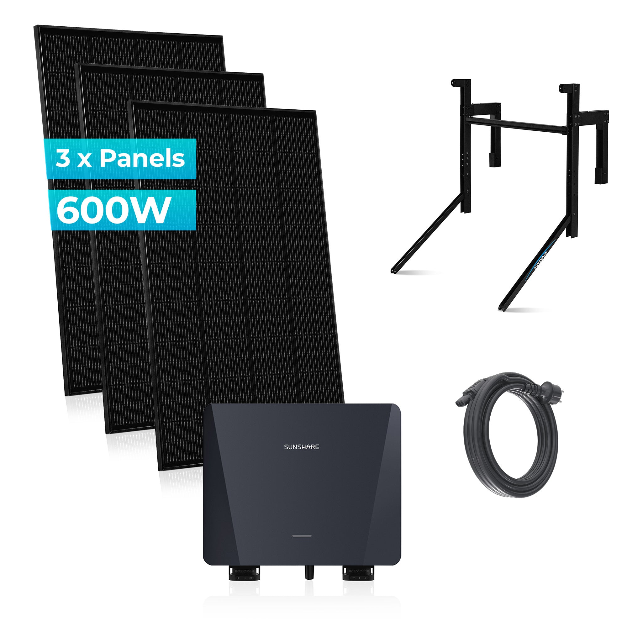 SUNSHARE Ray 600 Wp Balkonkraftwerk Komplettset mit 3 Solarmodulen, 800 W Mikro-Wechselrichter, Betonhalterungen und Anschlusskabel