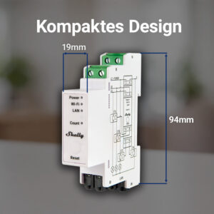 Kompaktes Shelly Pro 3EM Smart Meter für die Montage im Schaltschrank