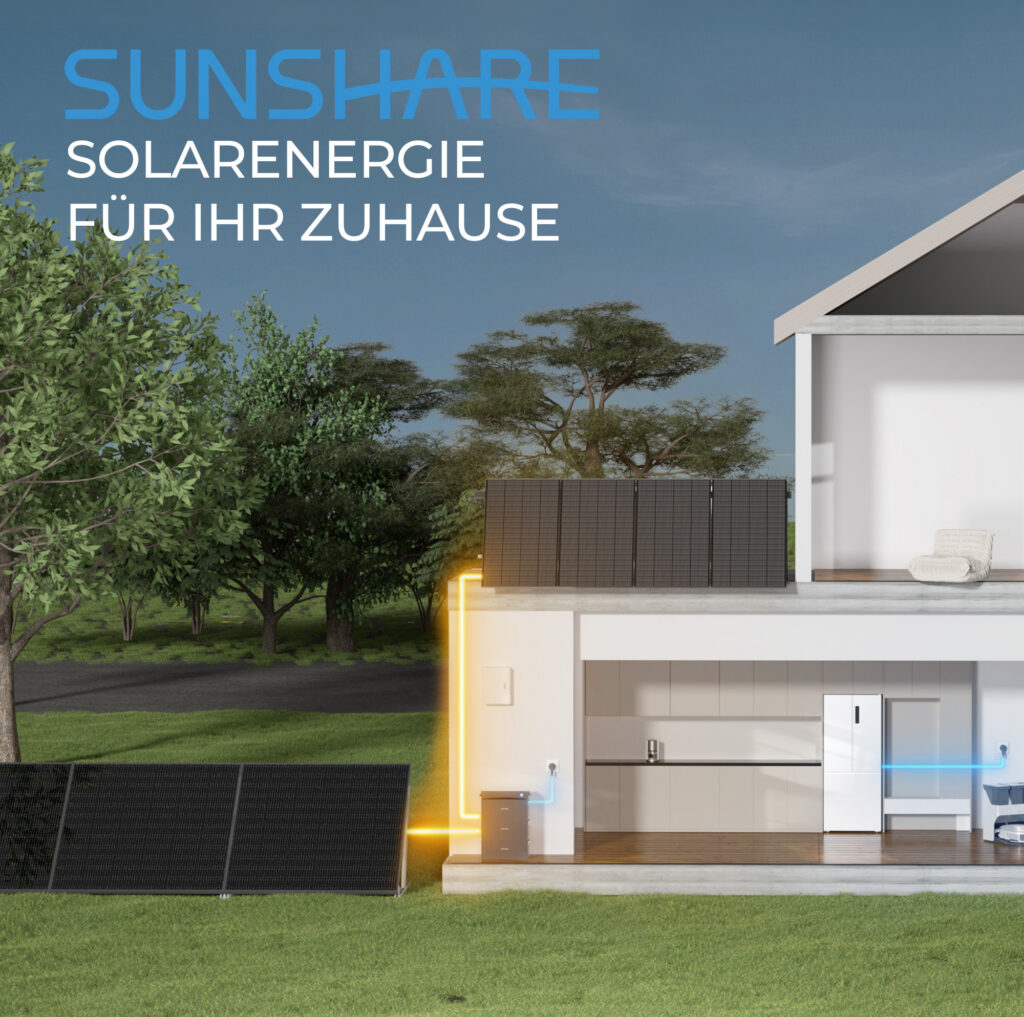 SUNSHARE Solaranlage mit Solarmodulen und Energiespeicher am Wohnhaus